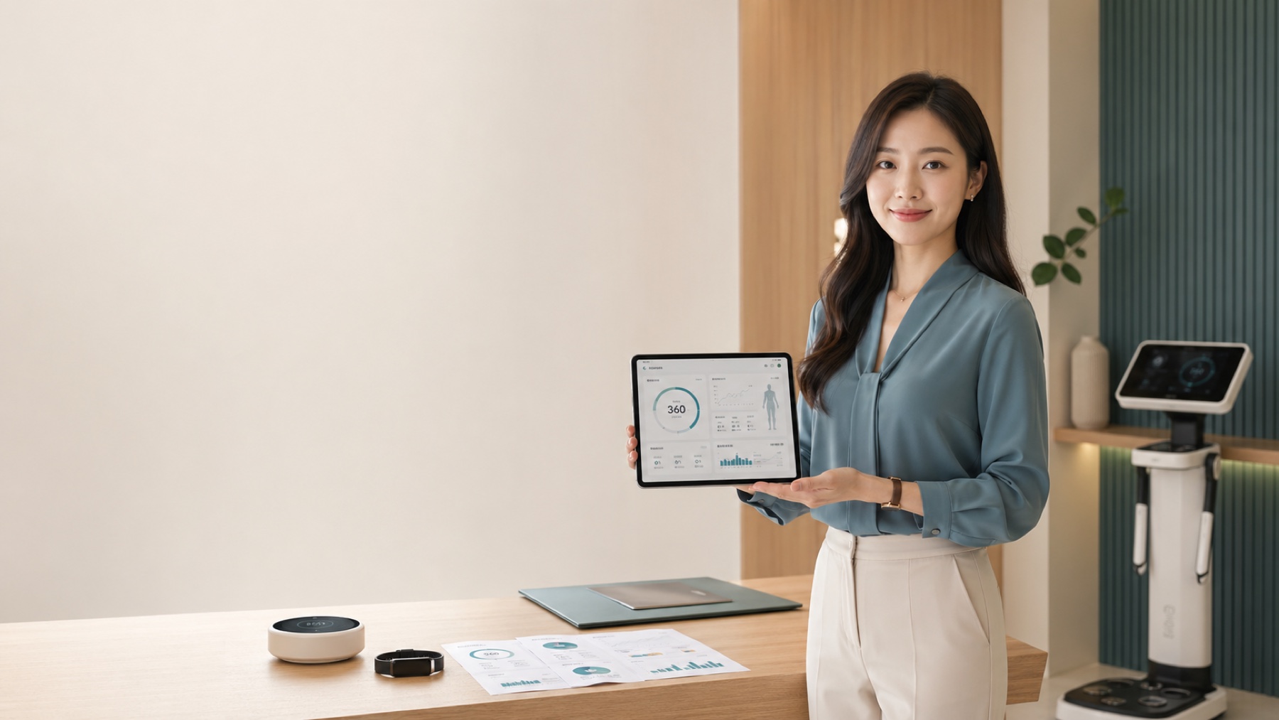 전문 웰니스 컨설턴트가 360 헬스 리포트 태블릿을 들고 있는 장면